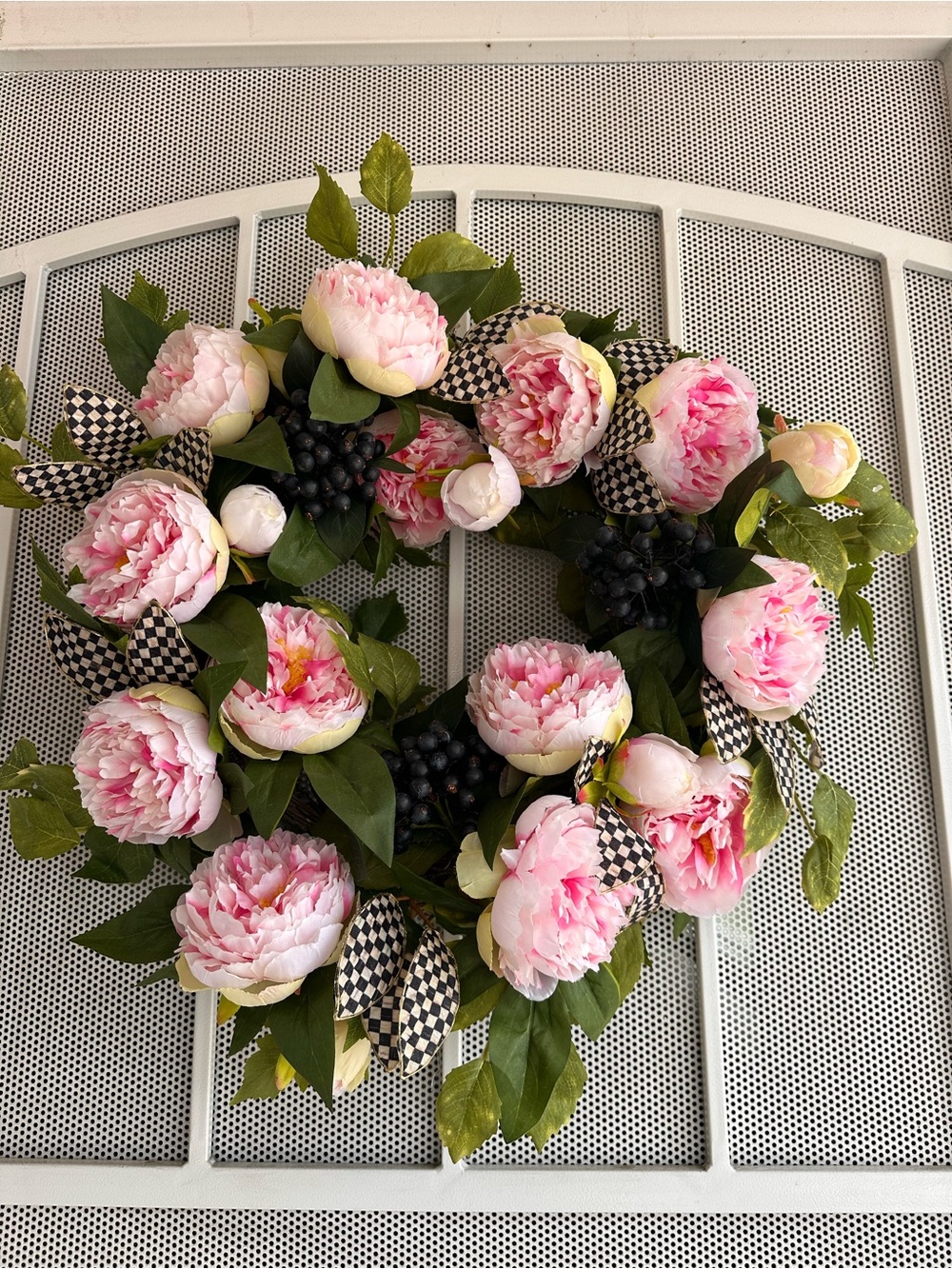 Mackenzie Childs Pink Peony Floral Wreath with Green Leaves - Home Accents